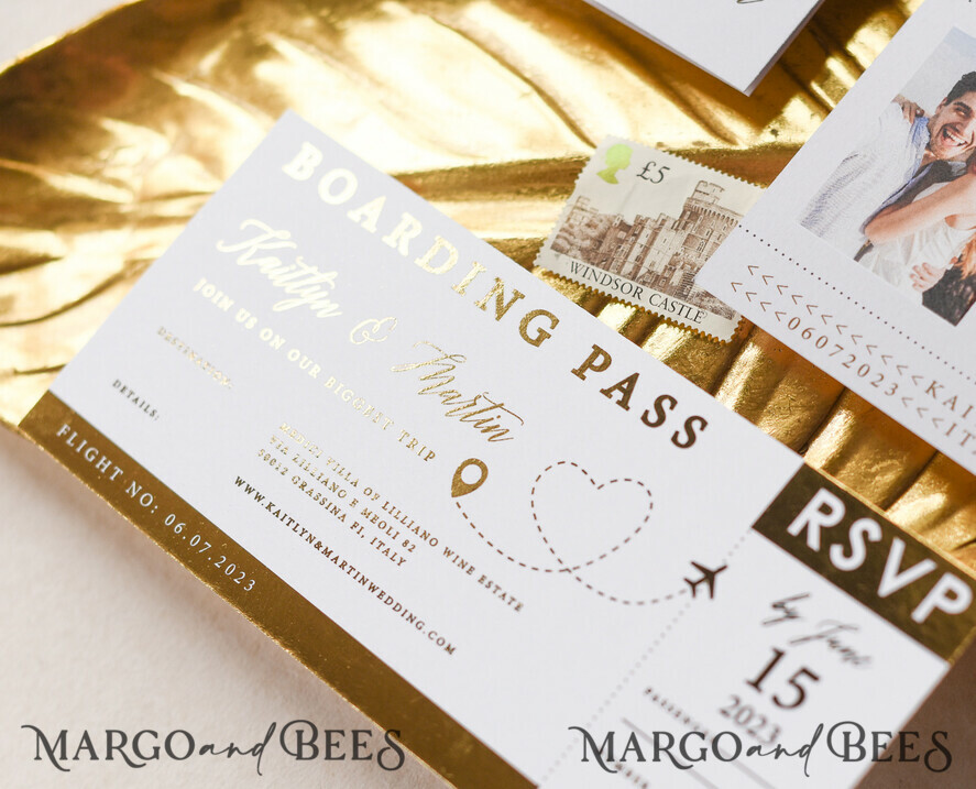 WEDDING INVITATIONS passport to love/ beach wedding invites White Gold Passport Wedding Invitation, Golden Plane Wedding Cards Boarding Pass, Travel Passport Wedding Invitations Abroad, Destination Wedding Invites, Travel Map Wedding Stationary