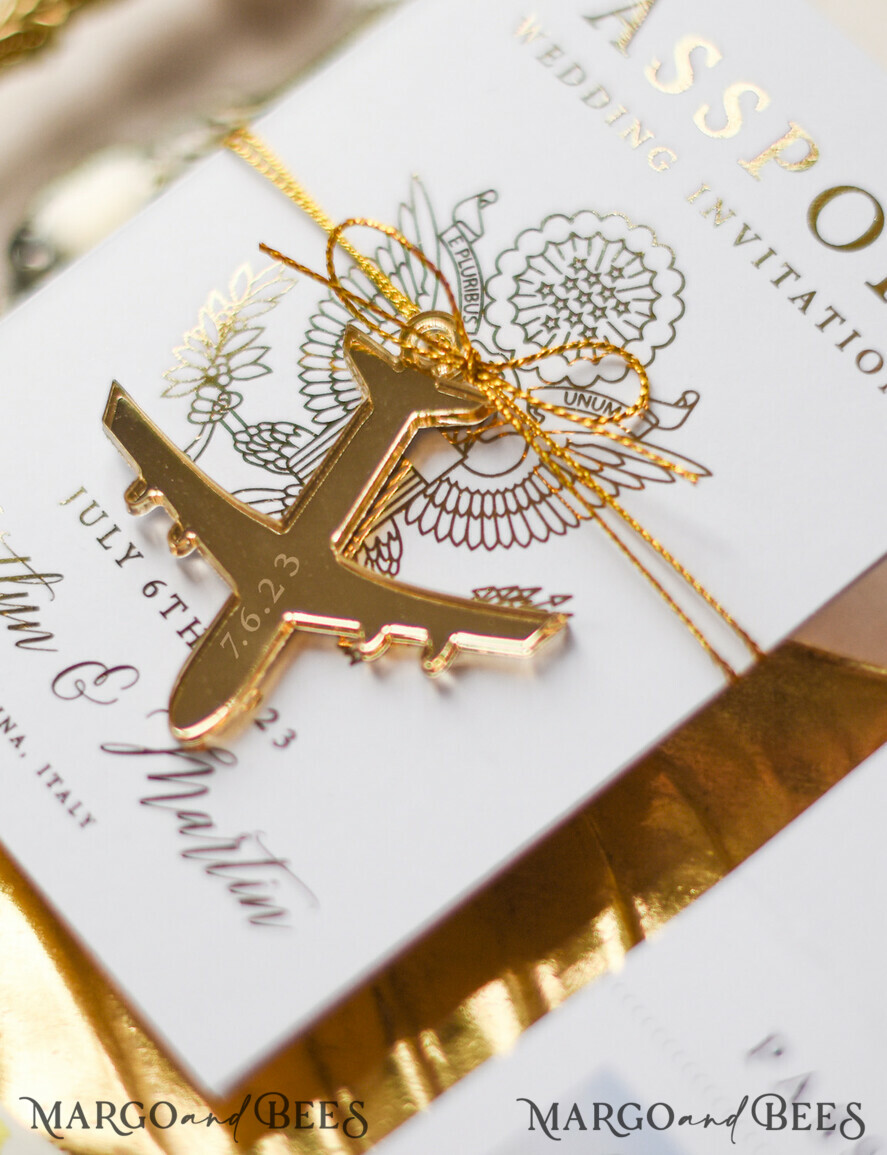 WEDDING INVITATIONS passport to love/ beach wedding invites White Gold Passport Wedding Invitation, Golden Plane Wedding Cards Boarding Pass, Travel Passport Wedding Invitations Abroad, Destination Wedding Invites, Travel Map Wedding Stationary