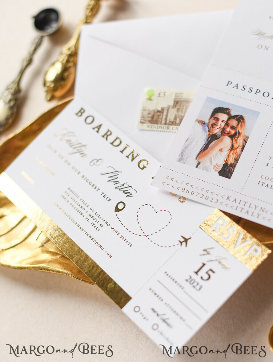 WEDDING INVITATIONS passport to love/ beach wedding invites White Gold Passport Wedding Invitation, Golden Plane Wedding Cards Boarding Pass, Travel Passport Wedding Invitations Abroad, Destination Wedding Invites, Travel Map Wedding Stationary