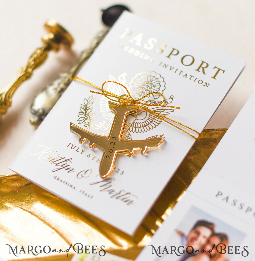 WEDDING INVITATIONS passport to love/ beach wedding invites White Gold Passport Wedding Invitation, Golden Plane Wedding Cards Boarding Pass, Travel Passport Wedding Invitations Abroad, Destination Wedding Invites, Travel Map Wedding Stationary