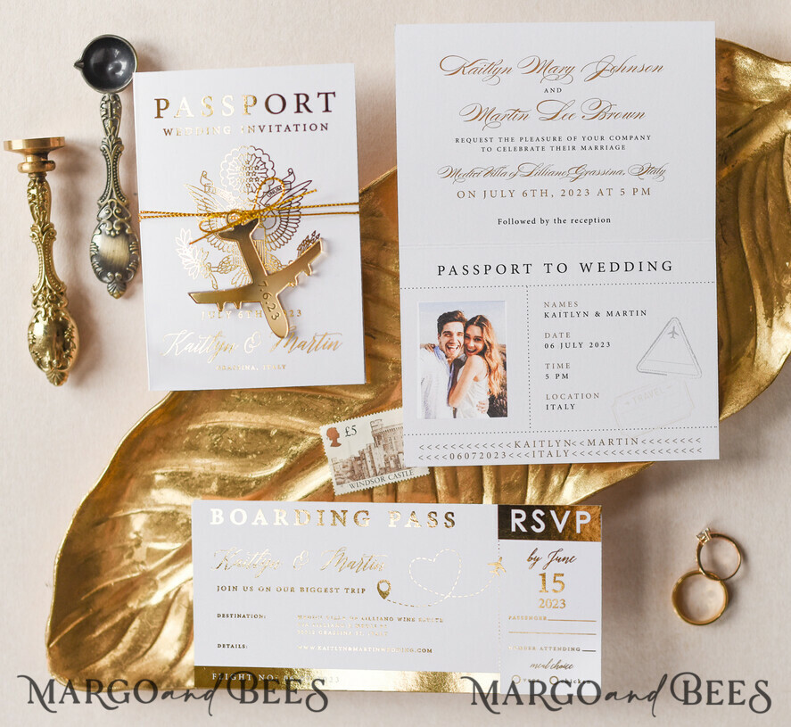 WEDDING INVITATIONS passport to love/ beach wedding invites White Gold Passport Wedding Invitation, Golden Plane Wedding Cards Boarding Pass, Travel Passport Wedding Invitations Abroad, Destination Wedding Invites, Travel Map Wedding Stationary