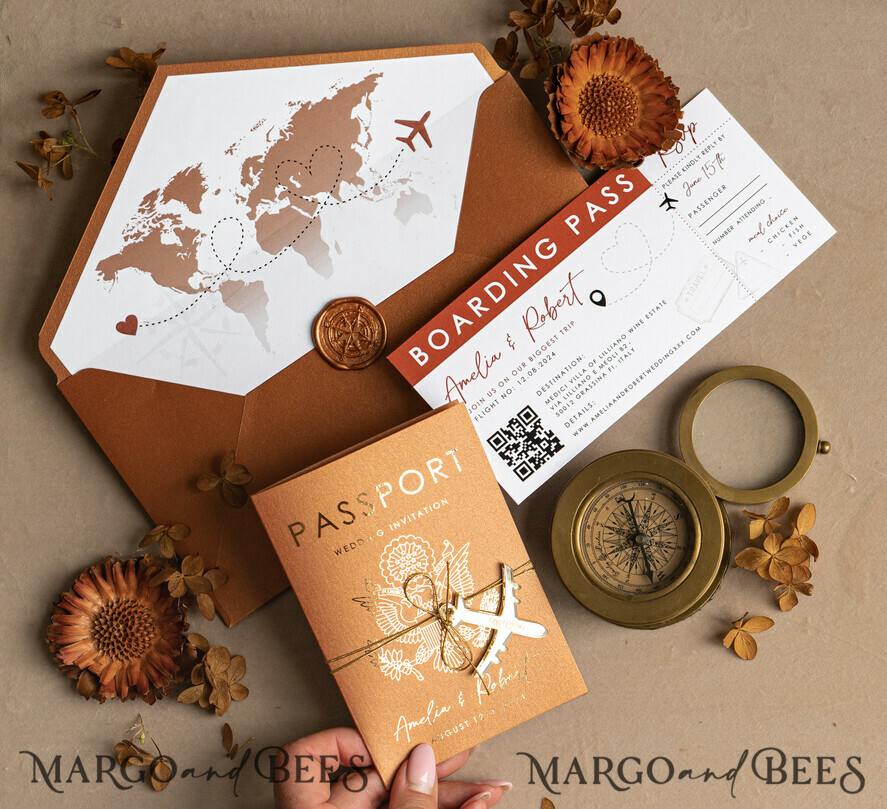 WEDDING INVITATIONS passport to love/ beach wedding invites Gold terracotta Passport Wedding Invitation, Burnt Orange Gold Wedding Cards Boarding Pass, Travel Passport Wedding Invitations Abroad, Destination Wedding Invites, Travel Map Wedding Stationary