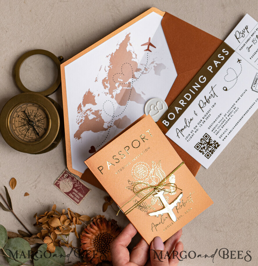 WEDDING INVITATIONS passport to love/ beach wedding invites Gold terracotta Passport Wedding Invitation, Burnt Orange Gold Wedding Cards Boarding Pass, Travel Passport Wedding Invitations Abroad, Destination Wedding Invites, Travel Map Wedding Stationary