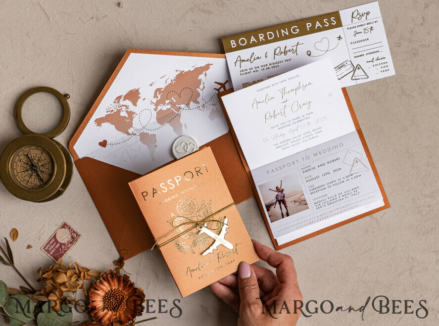 WEDDING INVITATIONS passport to love/ beach wedding invites Gold terracotta Passport Wedding Invitation, Burnt Orange Gold Wedding Cards Boarding Pass, Travel Passport Wedding Invitations Abroad, Destination Wedding Invites, Travel Map Wedding Stationary