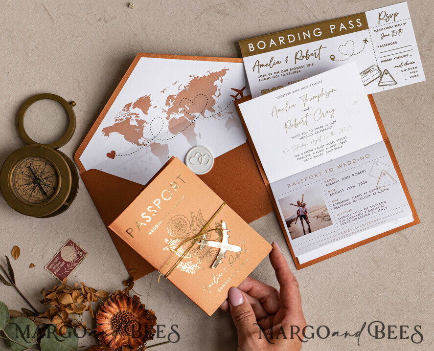 WEDDING INVITATIONS passport to love/ beach wedding invites Gold terracotta Passport Wedding Invitation, Burnt Orange Gold Wedding Cards Boarding Pass, Travel Passport Wedding Invitations Abroad, Destination Wedding Invites, Travel Map Wedding Stationary