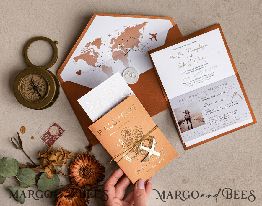 WEDDING INVITATIONS passport to love/ beach wedding invites Gold terracotta Passport Wedding Invitation, Burnt Orange Gold Wedding Cards Boarding Pass, Travel Passport Wedding Invitations Abroad, Destination Wedding Invites, Travel Map Wedding Stationary