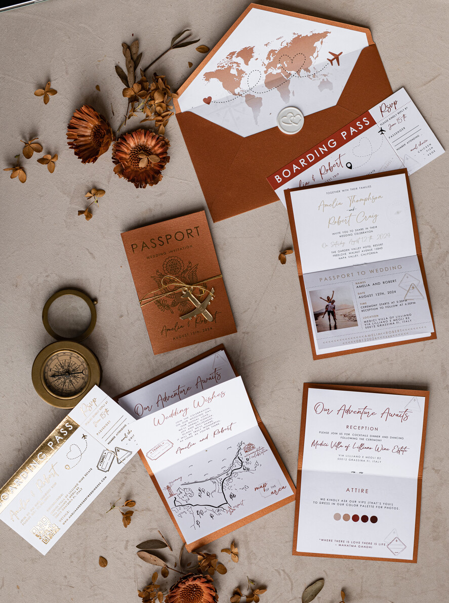 WEDDING INVITATIONS passport to love/ beach wedding invites Gold terracotta Passport Wedding Invitation, Burnt Orange Gold Wedding Cards Boarding Pass, Travel Passport Wedding Invitations Abroad, Destination Wedding Invites, Travel Map Wedding Stationary