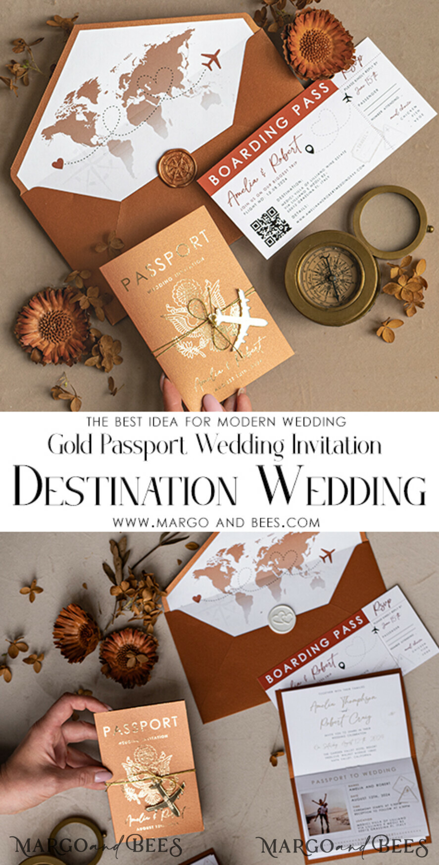 WEDDING INVITATIONS passport to love/ beach wedding invites Gold terracotta Passport Wedding Invitation, Burnt Orange Gold Wedding Cards Boarding Pass, Travel Passport Wedding Invitations Abroad, Destination Wedding Invites, Travel Map Wedding Stationary