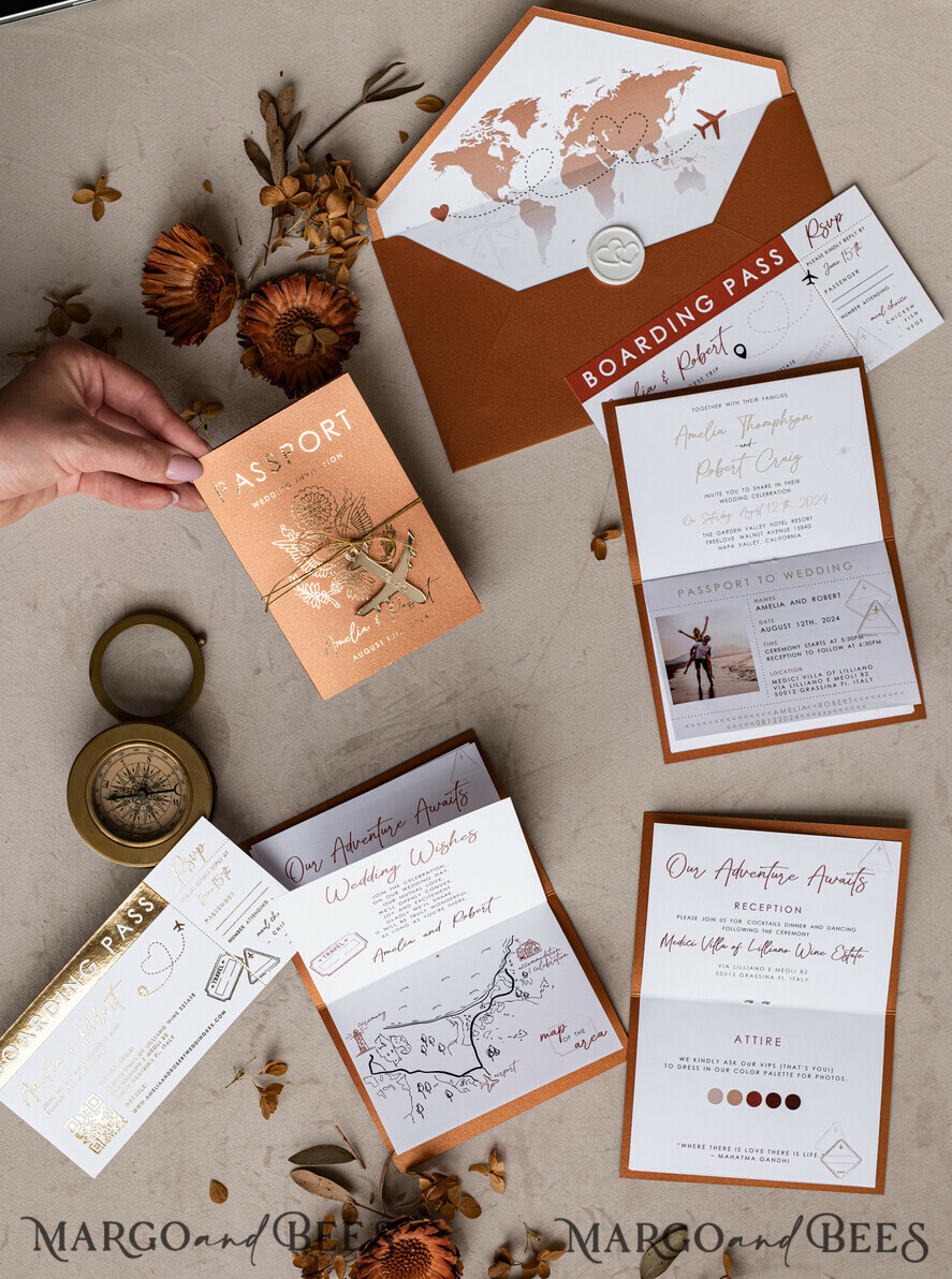 WEDDING INVITATIONS passport to love/ beach wedding invites Gold terracotta Passport Wedding Invitation, Burnt Orange Gold Wedding Cards Boarding Pass, Travel Passport Wedding Invitations Abroad, Destination Wedding Invites, Travel Map Wedding Stationary