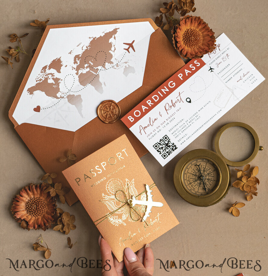 WEDDING INVITATIONS passport to love/ beach wedding invites Gold terracotta Passport Wedding Invitation, Burnt Orange Gold Wedding Cards Boarding Pass, Travel Passport Wedding Invitations Abroad, Destination Wedding Invites, Travel Map Wedding Stationary