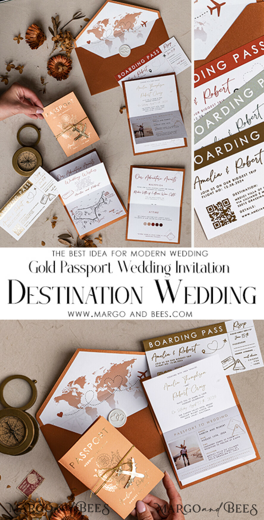 WEDDING INVITATIONS passport to love/ beach wedding invites Gold terracotta Passport Wedding Invitation, Burnt Orange Gold Wedding Cards Boarding Pass, Travel Passport Wedding Invitations Abroad, Destination Wedding Invites, Travel Map Wedding Stationary