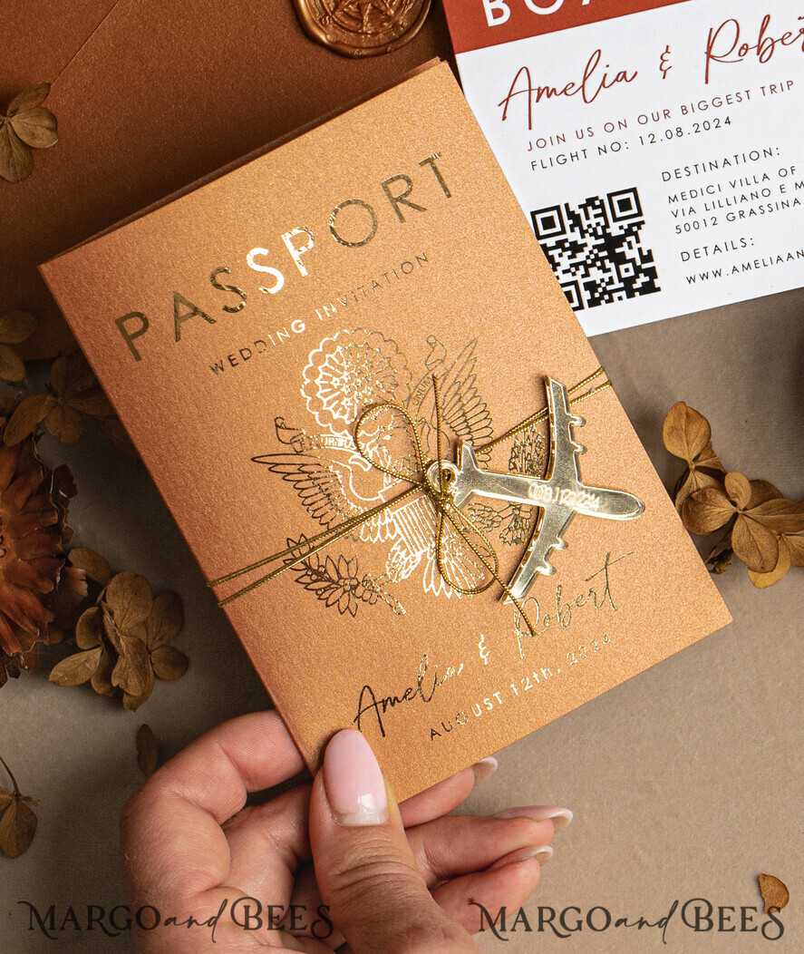 WEDDING INVITATIONS passport to love/ beach wedding invites Gold terracotta Passport Wedding Invitation, Burnt Orange Gold Wedding Cards Boarding Pass, Travel Passport Wedding Invitations Abroad, Destination Wedding Invites, Travel Map Wedding Stationary