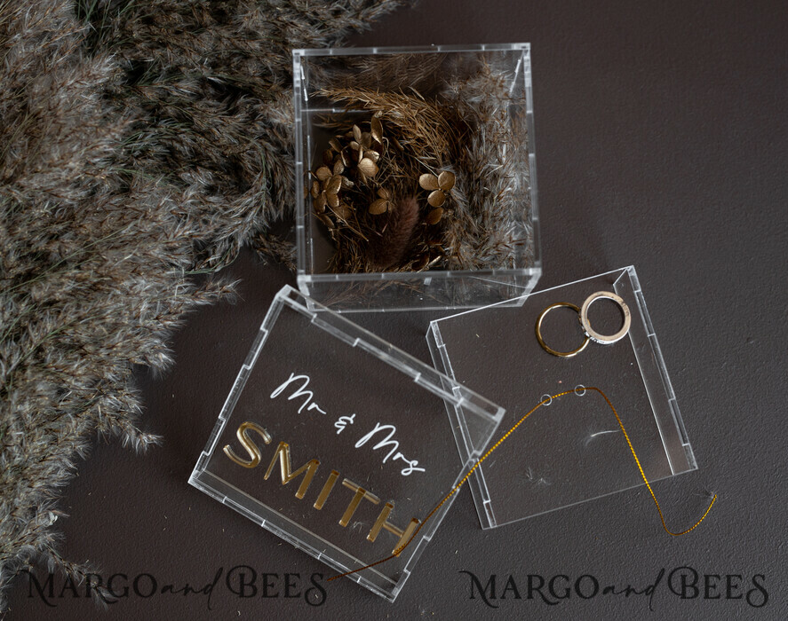 RING BEARER BOXES & PILLOWS Clear Gold Acrylic Ring Box Ring Box for Wedding Ceremony 3 rings, Clear Acrylic Golden Wedding Ring Box for ceremony, Boho Glam Wedding Ring Boxes, Luxury Acrylic Gold Ring box double Custom Colors