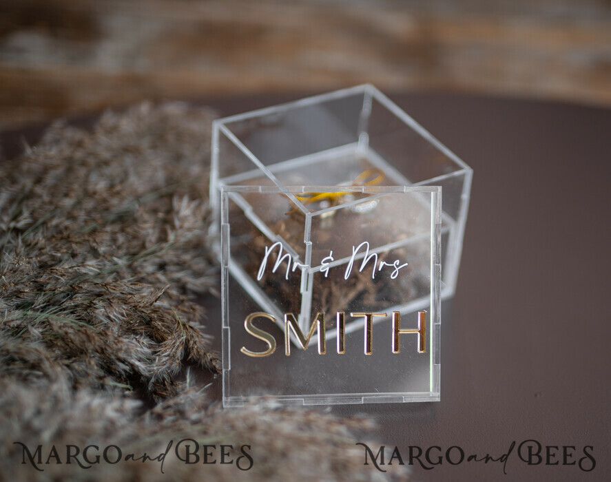 RING BEARER BOXES & PILLOWS Clear Gold Acrylic Ring Box Ring Box for Wedding Ceremony 3 rings, Clear Acrylic Golden Wedding Ring Box for ceremony, Boho Glam Wedding Ring Boxes, Luxury Acrylic Gold Ring box double Custom Colors