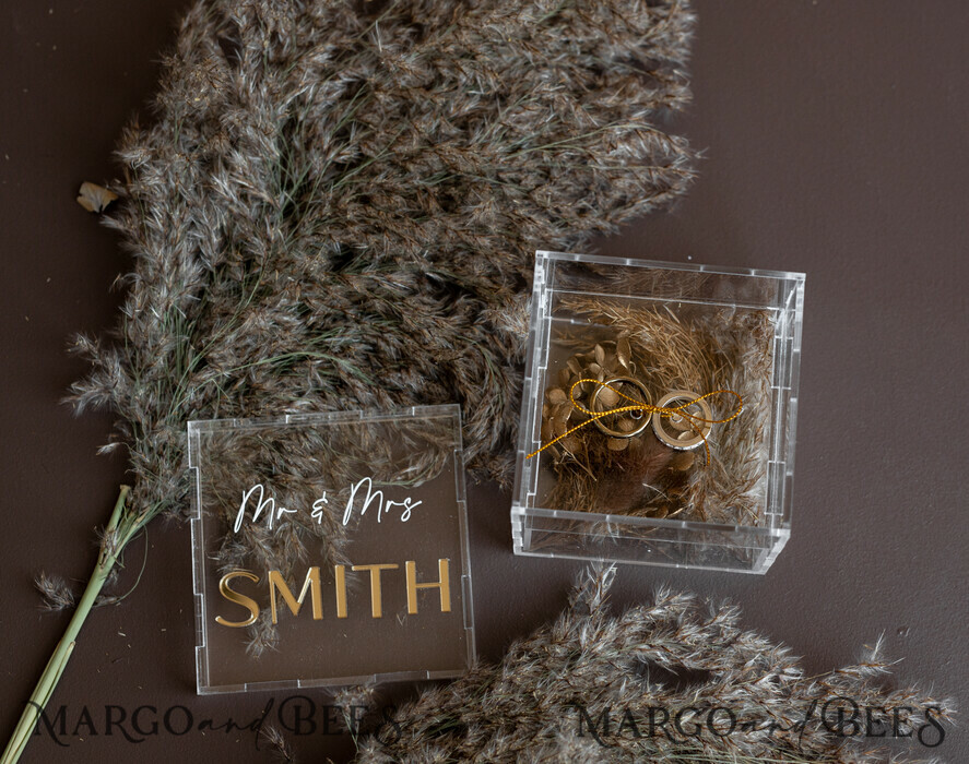 RING BEARER BOXES & PILLOWS Clear Gold Acrylic Ring Box Ring Box for Wedding Ceremony 3 rings, Clear Acrylic Golden Wedding Ring Box for ceremony, Boho Glam Wedding Ring Boxes, Luxury Acrylic Gold Ring box double Custom Colors