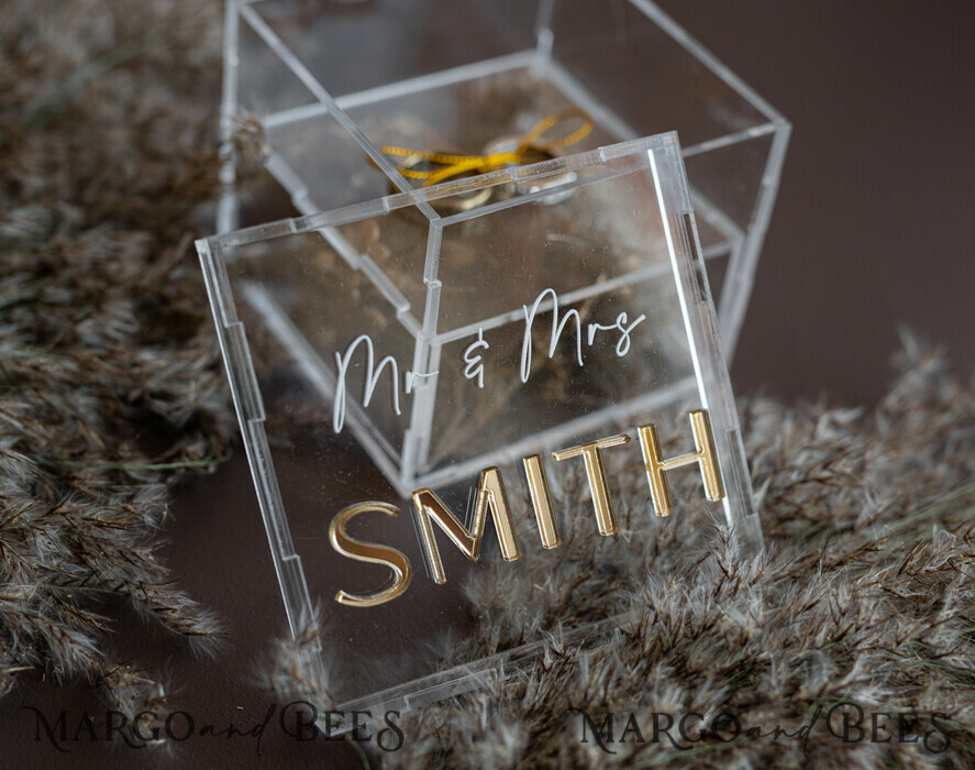 RING BEARER BOXES & PILLOWS Clear Gold Acrylic Ring Box Ring Box for Wedding Ceremony 3 rings, Clear Acrylic Golden Wedding Ring Box for ceremony, Boho Glam Wedding Ring Boxes, Luxury Acrylic Gold Ring box double Custom Colors