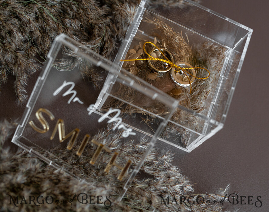 RING BEARER BOXES & PILLOWS Clear Gold Acrylic Ring Box Ring Box for Wedding Ceremony 3 rings, Clear Acrylic Golden Wedding Ring Box for ceremony, Boho Glam Wedding Ring Boxes, Luxury Acrylic Gold Ring box double Custom Colors