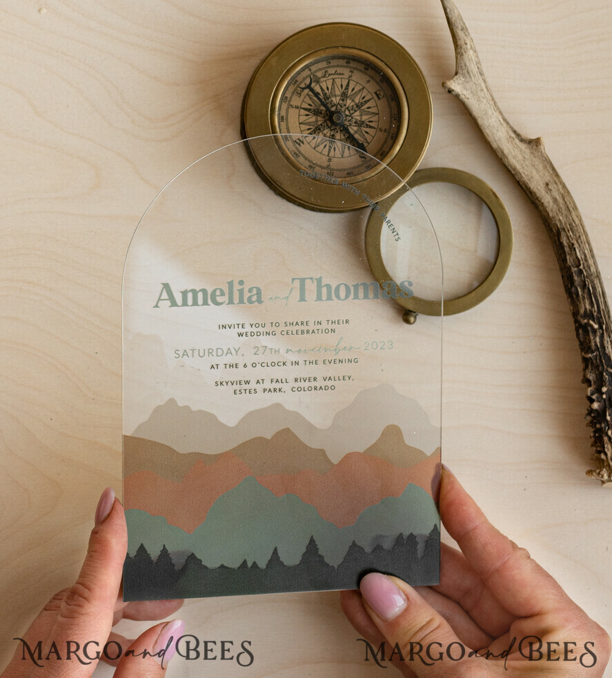 WEDDING INVITATIONS forest / Mountains / woodland theme Mountain Modern Arch Acrylic Wedding Invitation Suite, Modern Arizona Wedding Invites, Clear Plexi glass Suite Wedding Cards, terracotta Wedding Invitations, mountains wedding Invitation suite, sage green Wedding Invite made from plexi glass
