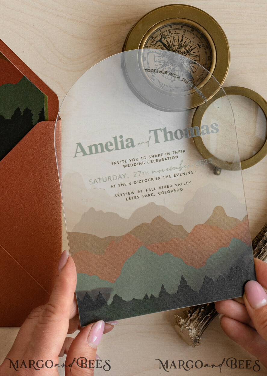 WEDDING INVITATIONS forest / Mountains / woodland theme Mountain Modern Arch Acrylic Wedding Invitation Suite, Modern Arizona Wedding Invites, Clear Plexi glass Suite Wedding Cards, terracotta Wedding Invitations, mountains wedding Invitation suite, sage green Wedding Invite made from plexi glass