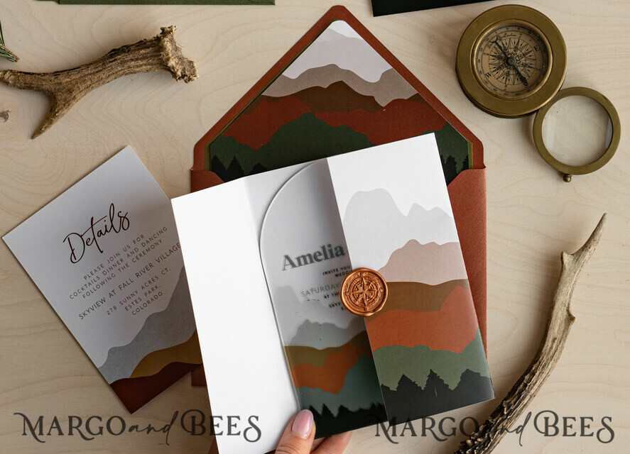 WEDDING INVITATIONS forest / Mountains / woodland theme Mountain Modern Arch Acrylic Wedding Invitation Suite, Modern Arizona Wedding Invites, Clear Plexi glass Suite Wedding Cards, terracotta Wedding Invitations, mountains wedding Invitation suite, sage green Wedding Invite made from plexi glass
