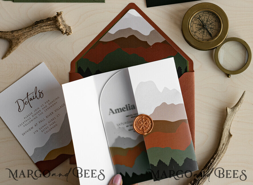 WEDDING INVITATIONS forest / Mountains / woodland theme Mountain Modern Arch Acrylic Wedding Invitation Suite, Modern Arizona Wedding Invites, Clear Plexi glass Suite Wedding Cards, terracotta Wedding Invitations, mountains wedding Invitation suite, sage green Wedding Invite made from plexi glass