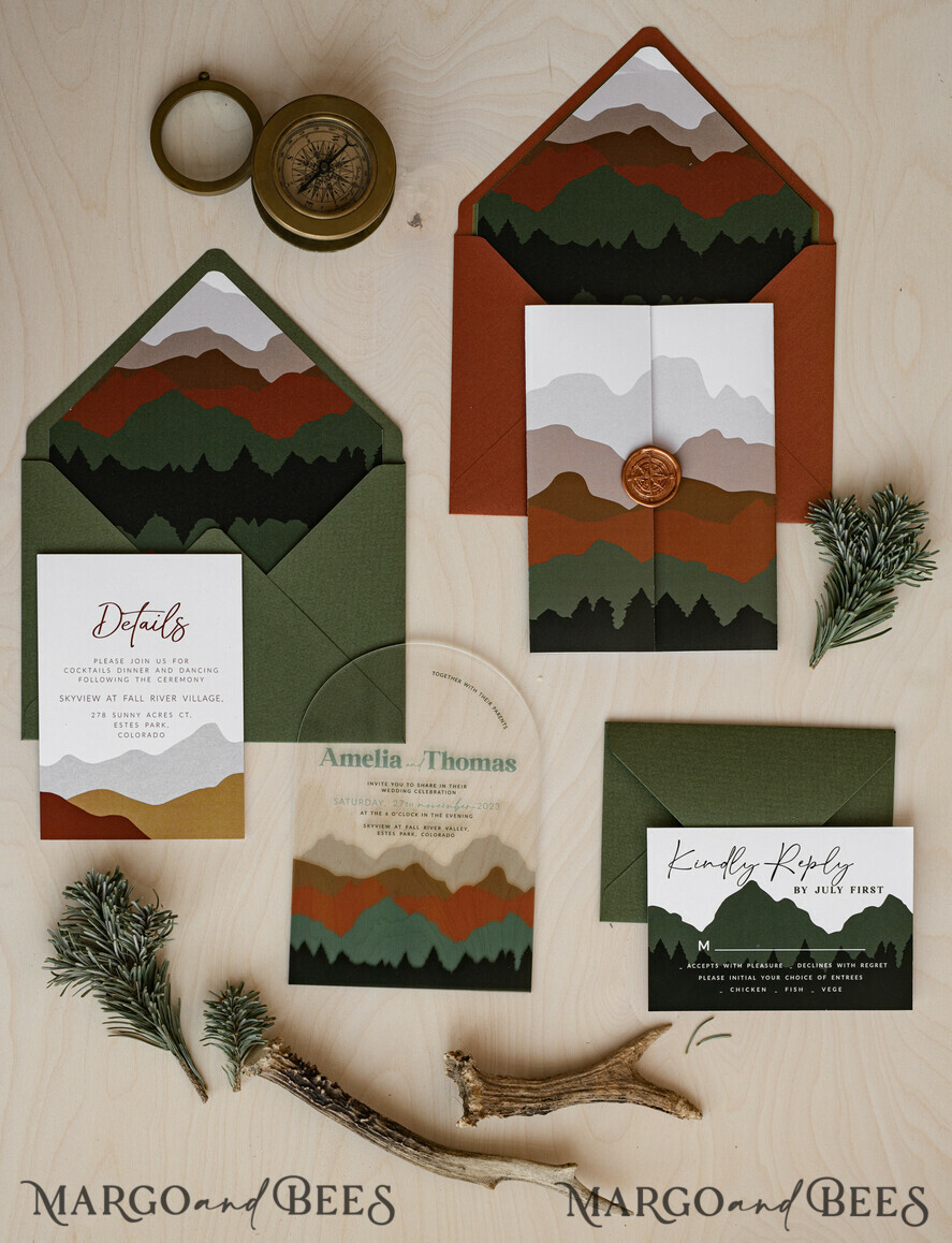 WEDDING INVITATIONS forest / Mountains / woodland theme Mountain Modern Arch Acrylic Wedding Invitation Suite, Modern Arizona Wedding Invites, Clear Plexi glass Suite Wedding Cards, terracotta Wedding Invitations, mountains wedding Invitation suite, sage green Wedding Invite made from plexi glass