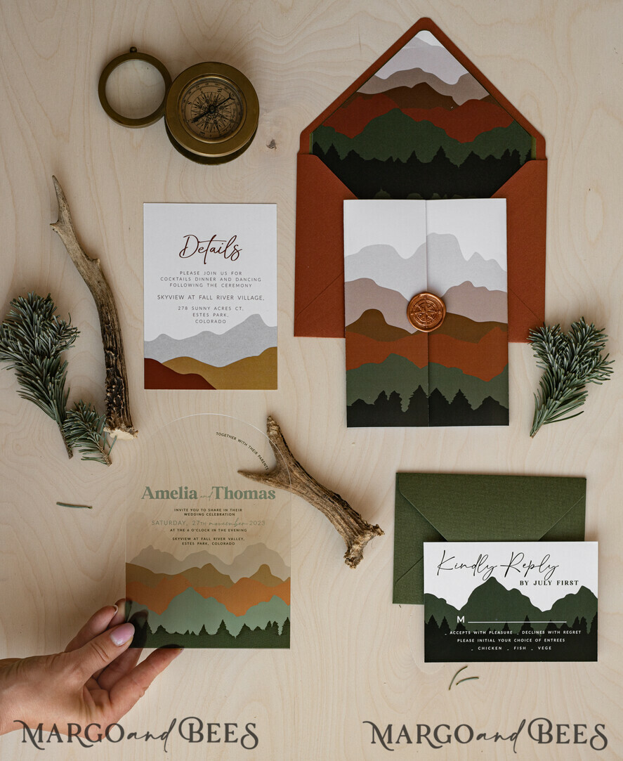 WEDDING INVITATIONS forest / Mountains / woodland theme Mountain Modern Arch Acrylic Wedding Invitation Suite, Modern Arizona Wedding Invites, Clear Plexi glass Suite Wedding Cards, terracotta Wedding Invitations, mountains wedding Invitation suite, sage green Wedding Invite made from plexi glass