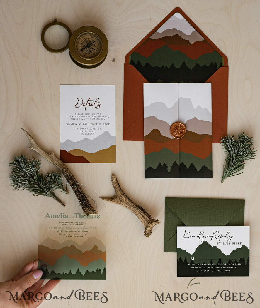 WEDDING INVITATIONS forest / Mountains / woodland theme Mountain Modern Arch Acrylic Wedding Invitation Suite, Modern Arizona Wedding Invites, Clear Plexi glass Suite Wedding Cards, terracotta Wedding Invitations, mountains wedding Invitation suite, sage green Wedding Invite made from plexi glass
