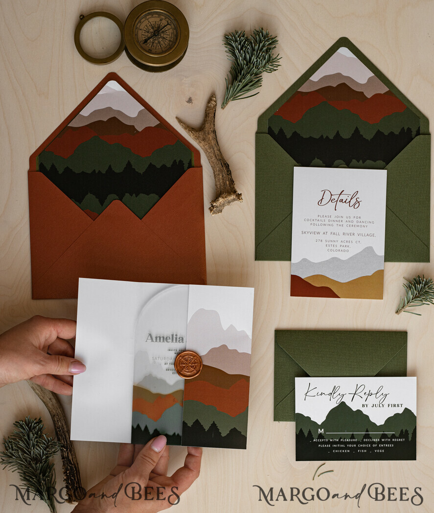 WEDDING INVITATIONS forest / Mountains / woodland theme Mountain Modern Arch Acrylic Wedding Invitation Suite, Modern Arizona Wedding Invites, Clear Plexi glass Suite Wedding Cards, terracotta Wedding Invitations, mountains wedding Invitation suite, sage green Wedding Invite made from plexi glass