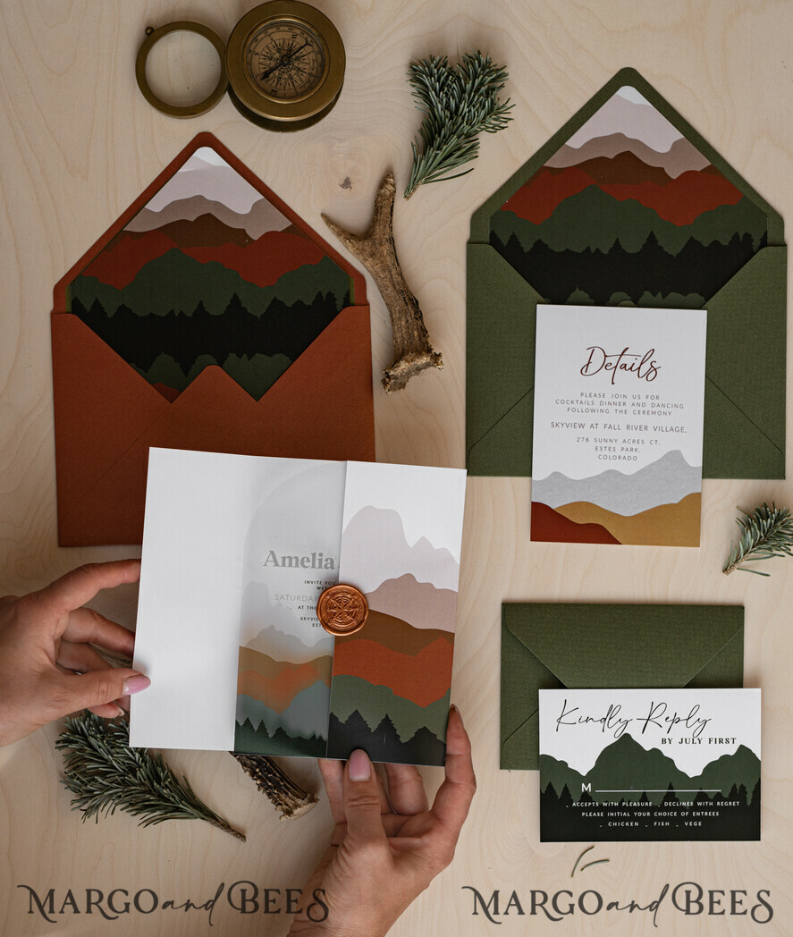 WEDDING INVITATIONS forest / Mountains / woodland theme Mountain Modern Arch Acrylic Wedding Invitation Suite, Modern Arizona Wedding Invites, Clear Plexi glass Suite Wedding Cards, terracotta Wedding Invitations, mountains wedding Invitation suite, sage green Wedding Invite made from plexi glass
