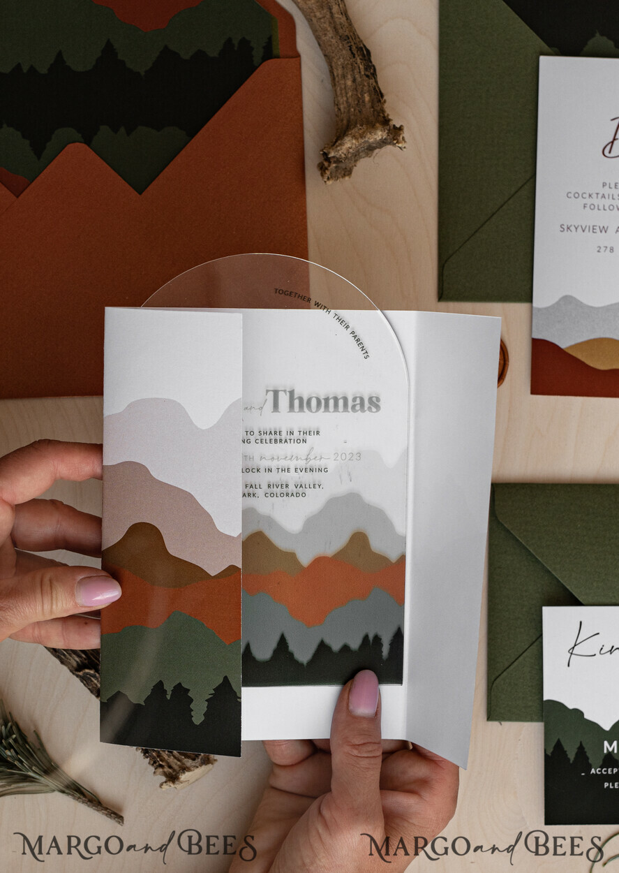 WEDDING INVITATIONS forest / Mountains / woodland theme Mountain Modern Arch Acrylic Wedding Invitation Suite, Modern Arizona Wedding Invites, Clear Plexi glass Suite Wedding Cards, terracotta Wedding Invitations, mountains wedding Invitation suite, sage green Wedding Invite made from plexi glass
