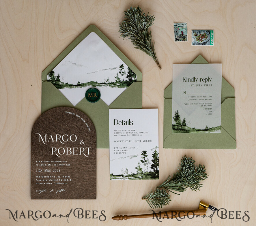 WEDDING INVITATIONS forest / Mountains / woodland theme Forest Wood Wedding Invitation Suite, Modern Rustic Wedding Invites, Natural Wooden Invitations Suite Wedding Cards, Green Wedding Invitations, Misty Forest Frosted wedding Invitation suite, Pine trees Wedding Invite