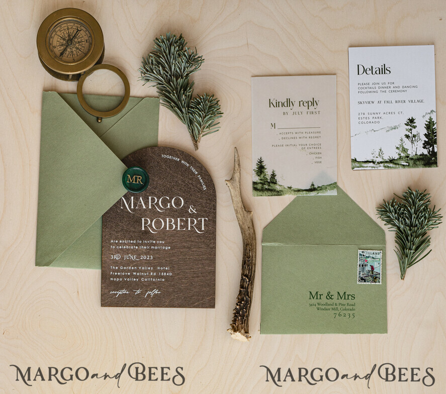 WEDDING INVITATIONS forest / Mountains / woodland theme Forest Wood Wedding Invitation Suite, Modern Rustic Wedding Invites, Natural Wooden Invitations Suite Wedding Cards, Green Wedding Invitations, Misty Forest Frosted wedding Invitation suite, Pine trees Wedding Invite