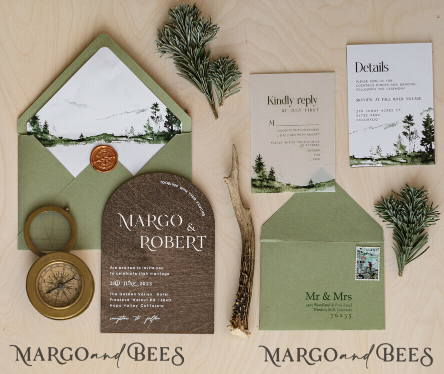 WEDDING INVITATIONS forest / Mountains / woodland theme Forest Wood Wedding Invitation Suite, Modern Rustic Wedding Invites, Natural Wooden Invitations Suite Wedding Cards, Green Wedding Invitations, Misty Forest Frosted wedding Invitation suite, Pine trees Wedding Invite