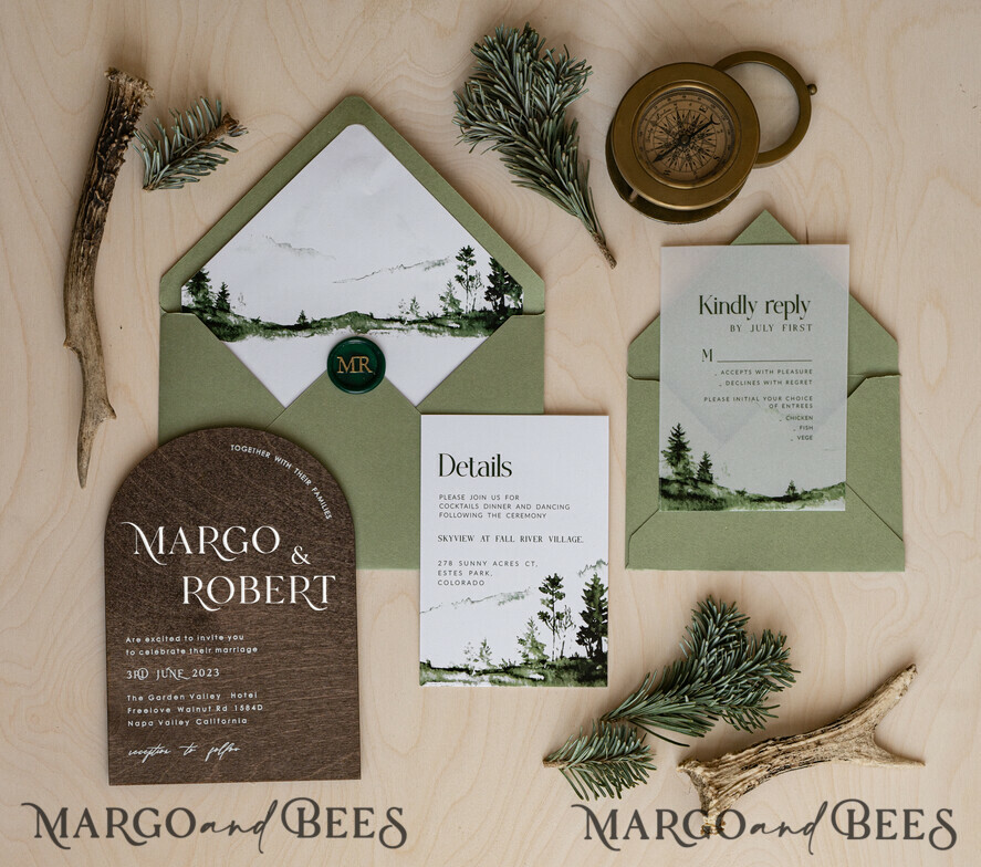 WEDDING INVITATIONS forest / Mountains / woodland theme Forest Wood Wedding Invitation Suite, Modern Rustic Wedding Invites, Natural Wooden Invitations Suite Wedding Cards, Green Wedding Invitations, Misty Forest Frosted wedding Invitation suite, Pine trees Wedding Invite