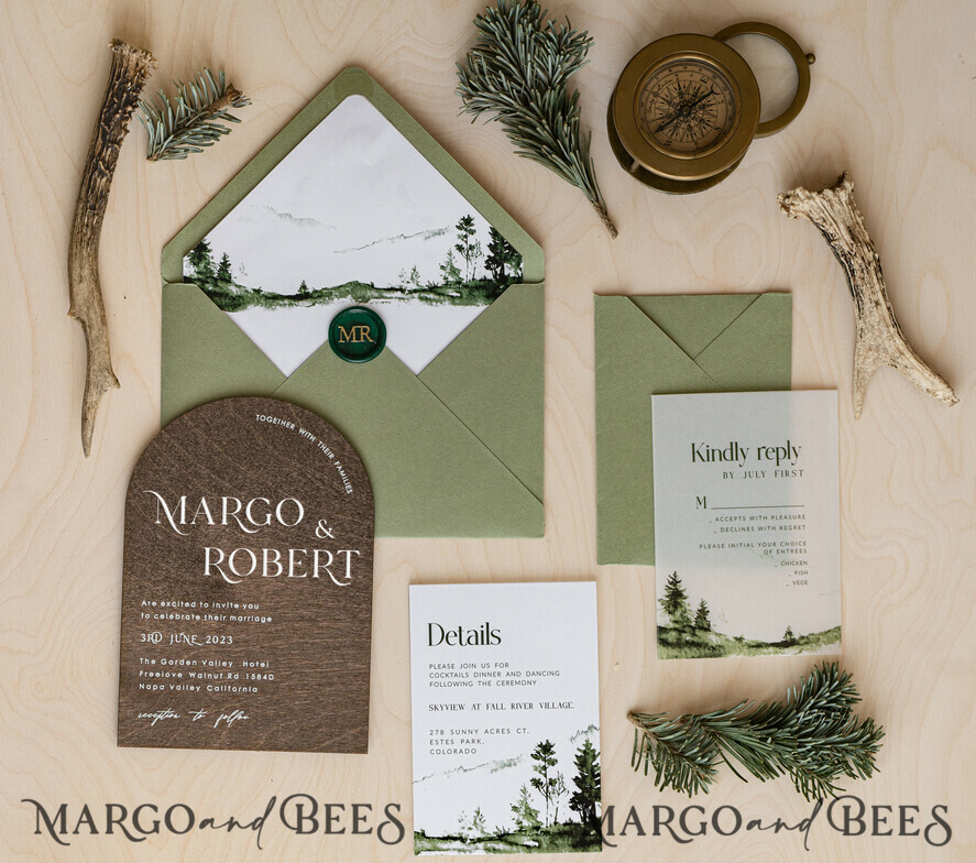WEDDING INVITATIONS forest / Mountains / woodland theme Forest Wood Wedding Invitation Suite, Modern Rustic Wedding Invites, Natural Wooden Invitations Suite Wedding Cards, Green Wedding Invitations, Misty Forest Frosted wedding Invitation suite, Pine trees Wedding Invite