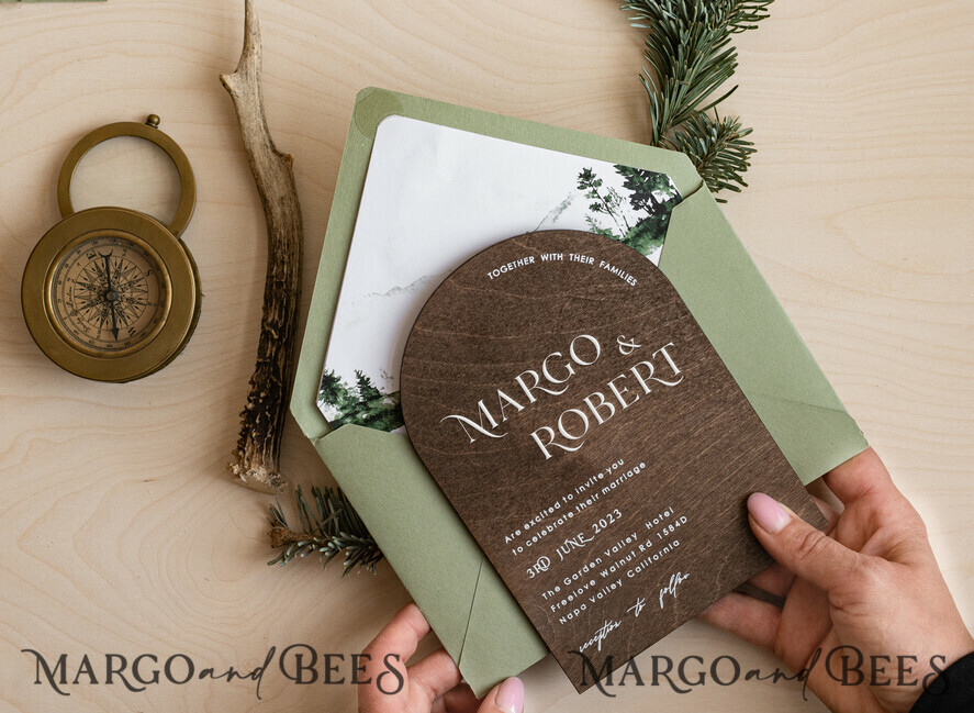 WEDDING INVITATIONS forest / Mountains / woodland theme Forest Wood Wedding Invitation Suite, Modern Rustic Wedding Invites, Natural Wooden Invitations Suite Wedding Cards, Green Wedding Invitations, Misty Forest Frosted wedding Invitation suite, Pine trees Wedding Invite