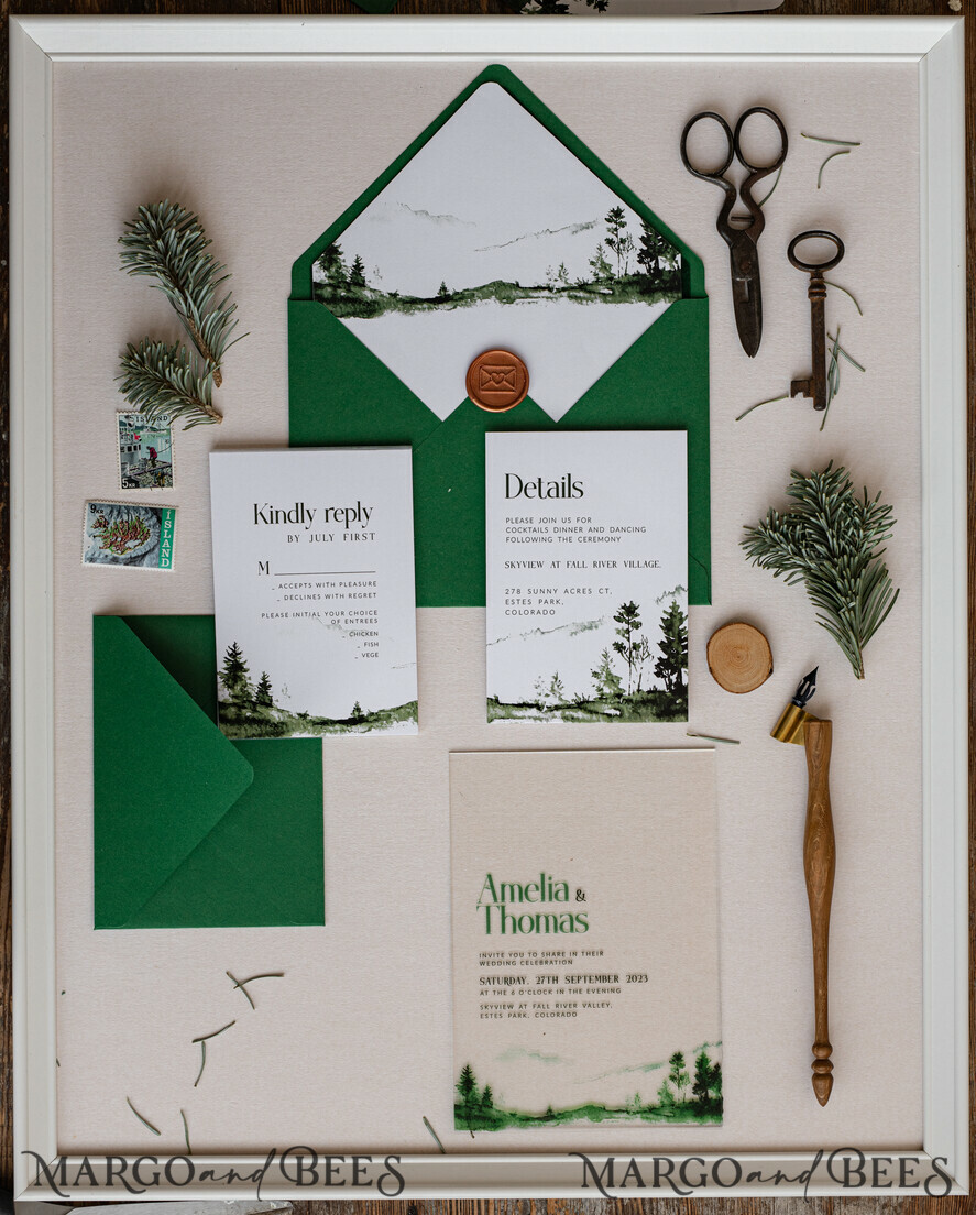 HOCHZEITS EINLADUNGEN Wald / Berge / Waldlandschaft Thema grüne Wald Acryl Hochzeits Einladung Suite, moderne Wald Gebirgs Hochzeit Einladungen, klare Plexi-Glas Suite Hochzeitskarten, Grünflächen Hochzeits Einladungen, Berge Hochzeits Einladung Suite, Kiefern Hochzeits Einladung aus Plexiglas