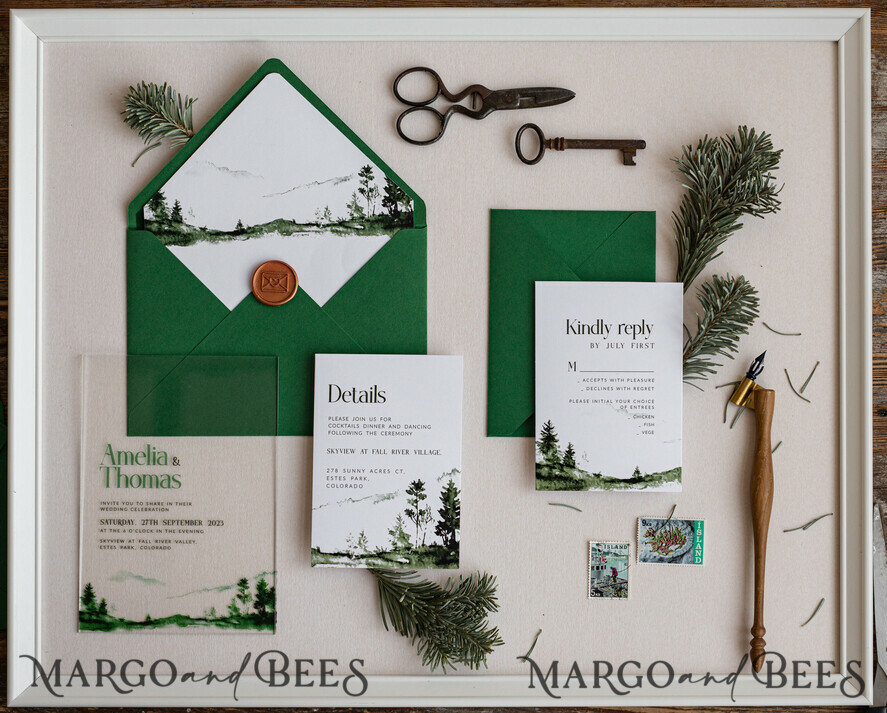 HOCHZEITS EINLADUNGEN Wald / Berge / Waldlandschaft Thema grüne Wald Acryl Hochzeits Einladung Suite, moderne Wald Gebirgs Hochzeit Einladungen, klare Plexi-Glas Suite Hochzeitskarten, Grünflächen Hochzeits Einladungen, Berge Hochzeits Einladung Suite, Kiefern Hochzeits Einladung aus Plexiglas