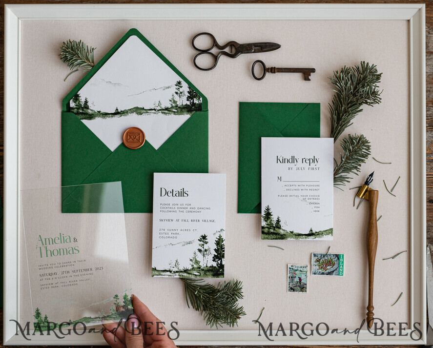 HOCHZEITS EINLADUNGEN Wald / Berge / Waldlandschaft Thema grüne Wald Acryl Hochzeits Einladung Suite, moderne Wald Gebirgs Hochzeit Einladungen, klare Plexi-Glas Suite Hochzeitskarten, Grünflächen Hochzeits Einladungen, Berge Hochzeits Einladung Suite, Kiefern Hochzeits Einladung aus Plexiglas