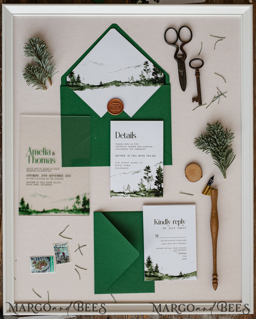 HOCHZEITS EINLADUNGEN Wald / Berge / Waldlandschaft Thema grüne Wald Acryl Hochzeits Einladung Suite, moderne Wald Gebirgs Hochzeit Einladungen, klare Plexi-Glas Suite Hochzeitskarten, Grünflächen Hochzeits Einladungen, Berge Hochzeits Einladung Suite, Kiefern Hochzeits Einladung aus Plexiglas