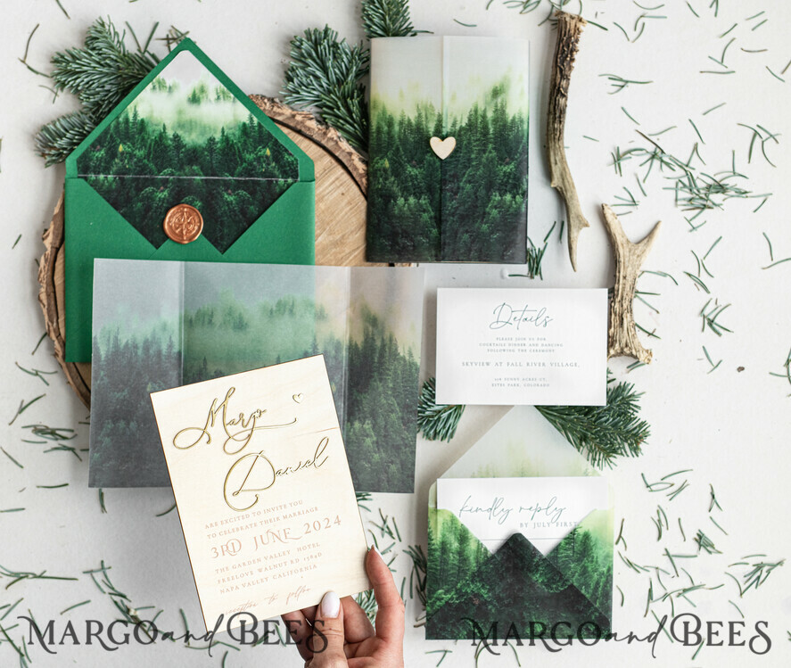WEDDING INVITATIONS forest / Mountains / woodland theme Forest Wood Wedding Invitation Suite, Modern Rustic Wedding Invites, Natural Wooden Invitations Suite Wedding Cards, Green Wedding Invitations, Misty Forest Frosted wedding Invitation suite, Pine trees Wedding Invite