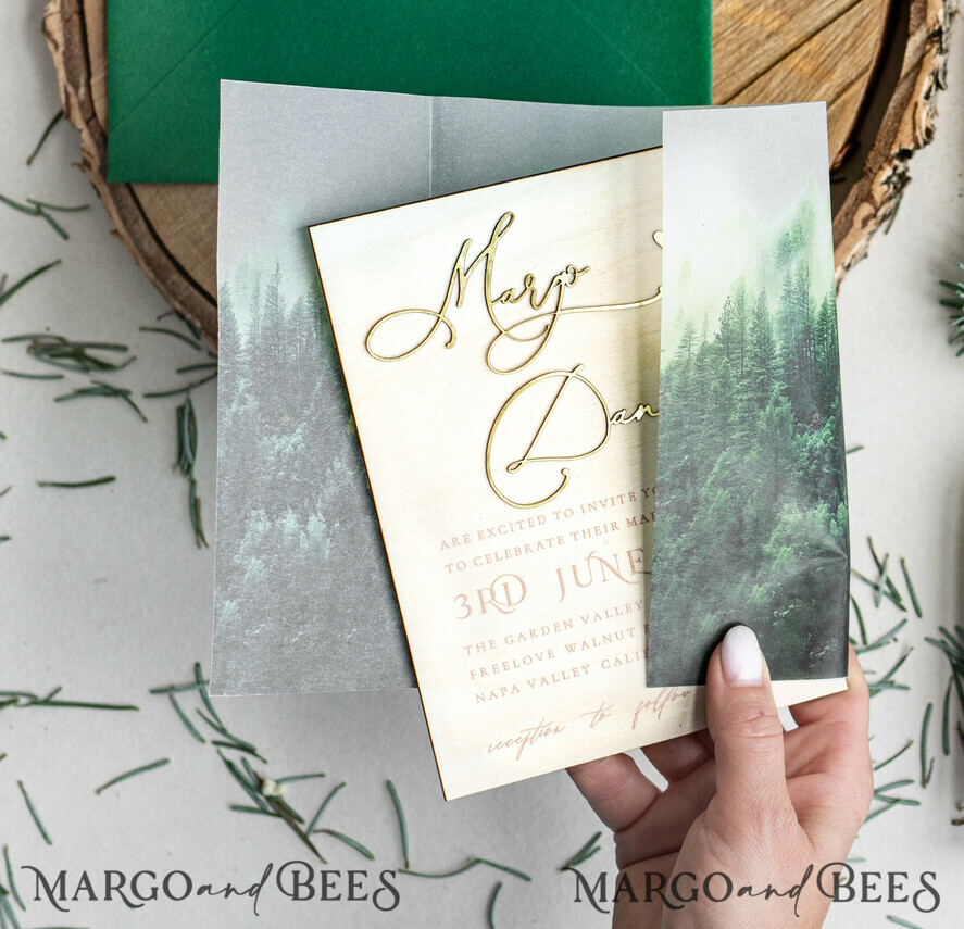 WEDDING INVITATIONS forest / Mountains / woodland theme Forest Wood Wedding Invitation Suite, Modern Rustic Wedding Invites, Natural Wooden Invitations Suite Wedding Cards, Green Wedding Invitations, Misty Forest Frosted wedding Invitation suite, Pine trees Wedding Invite