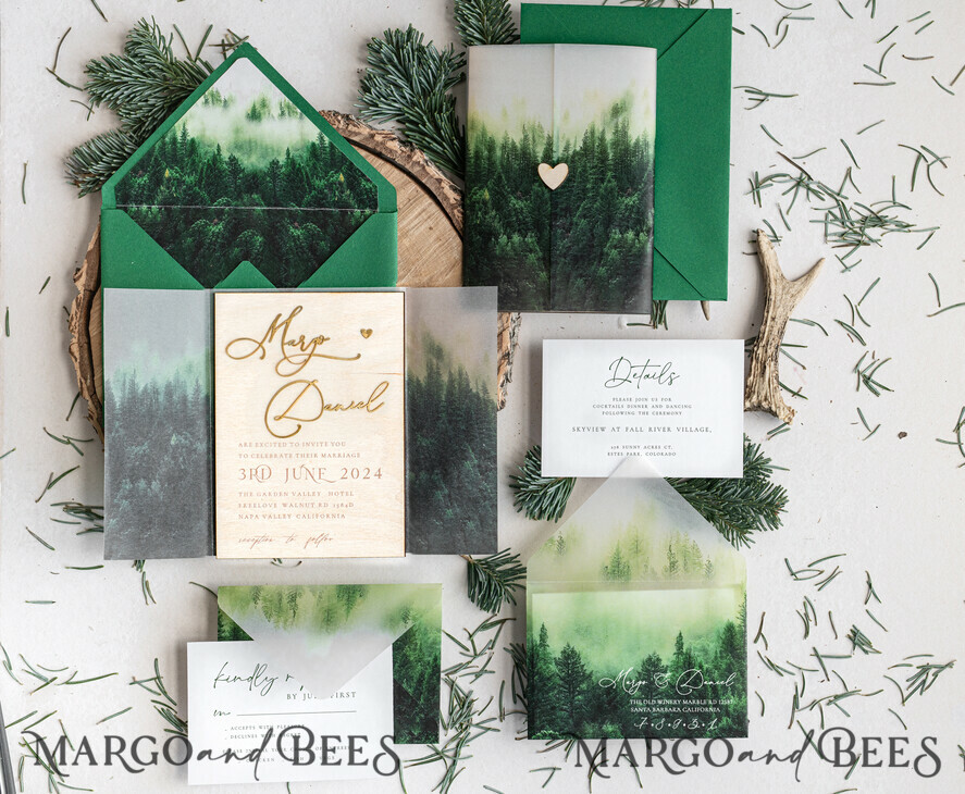 WEDDING INVITATIONS forest / Mountains / woodland theme Forest Wood Wedding Invitation Suite, Modern Rustic Wedding Invites, Natural Wooden Invitations Suite Wedding Cards, Green Wedding Invitations, Misty Forest Frosted wedding Invitation suite, Pine trees Wedding Invite
