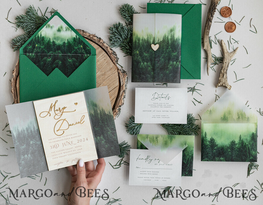 WEDDING INVITATIONS forest / Mountains / woodland theme Forest Wood Wedding Invitation Suite, Modern Rustic Wedding Invites, Natural Wooden Invitations Suite Wedding Cards, Green Wedding Invitations, Misty Forest Frosted wedding Invitation suite, Pine trees Wedding Invite