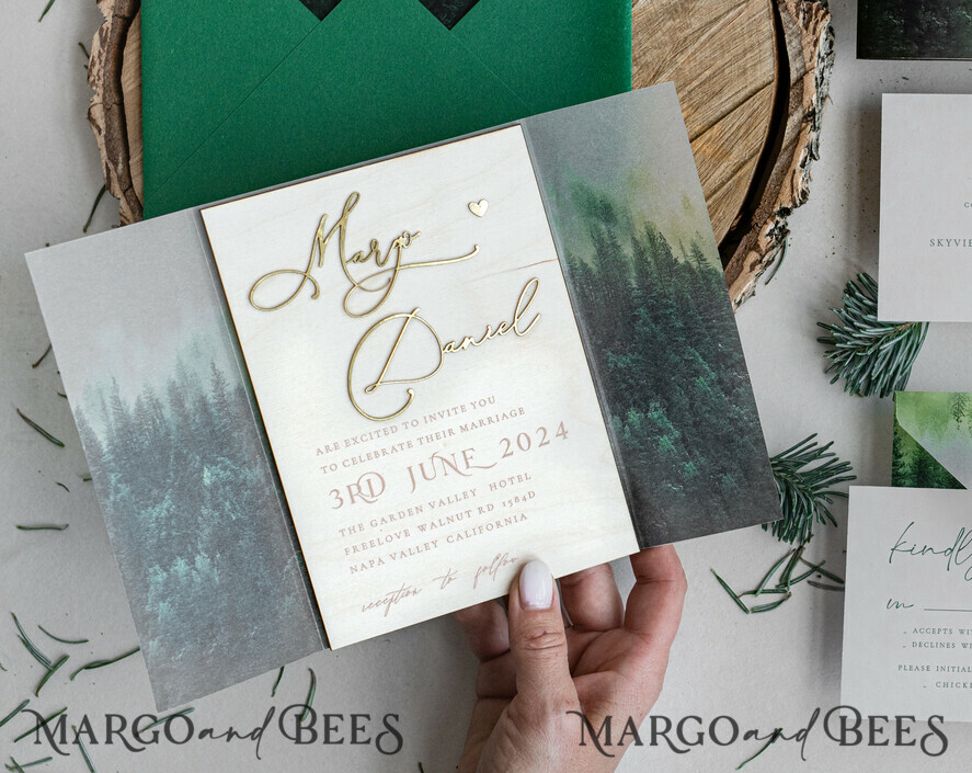 WEDDING INVITATIONS forest / Mountains / woodland theme Forest Wood Wedding Invitation Suite, Modern Rustic Wedding Invites, Natural Wooden Invitations Suite Wedding Cards, Green Wedding Invitations, Misty Forest Frosted wedding Invitation suite, Pine trees Wedding Invite