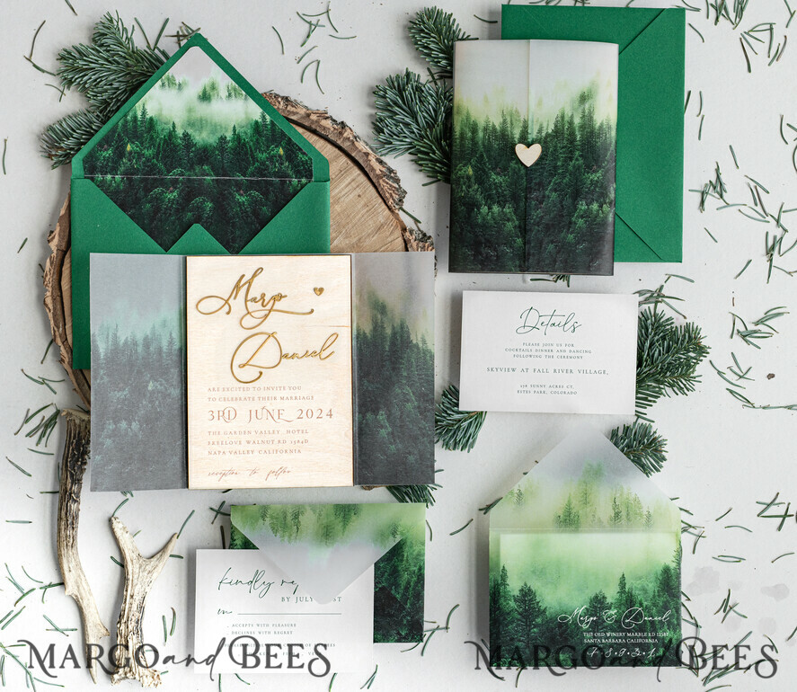 WEDDING INVITATIONS forest / Mountains / woodland theme Forest Wood Wedding Invitation Suite, Modern Rustic Wedding Invites, Natural Wooden Invitations Suite Wedding Cards, Green Wedding Invitations, Misty Forest Frosted wedding Invitation suite, Pine trees Wedding Invite