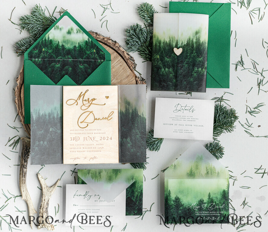 WEDDING INVITATIONS forest / Mountains / woodland theme Forest Wood Wedding Invitation Suite, Modern Rustic Wedding Invites, Natural Wooden Invitations Suite Wedding Cards, Green Wedding Invitations, Misty Forest Frosted wedding Invitation suite, Pine trees Wedding Invite