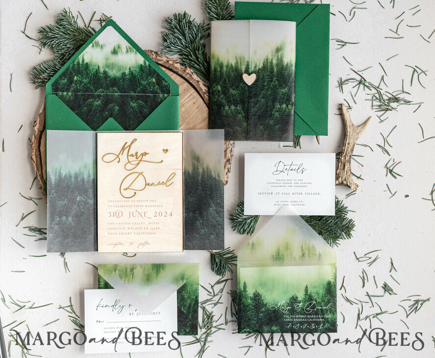 WEDDING INVITATIONS forest / Mountains / woodland theme Forest Wood Wedding Invitation Suite, Modern Rustic Wedding Invites, Natural Wooden Invitations Suite Wedding Cards, Green Wedding Invitations, Misty Forest Frosted wedding Invitation suite, Pine trees Wedding Invite