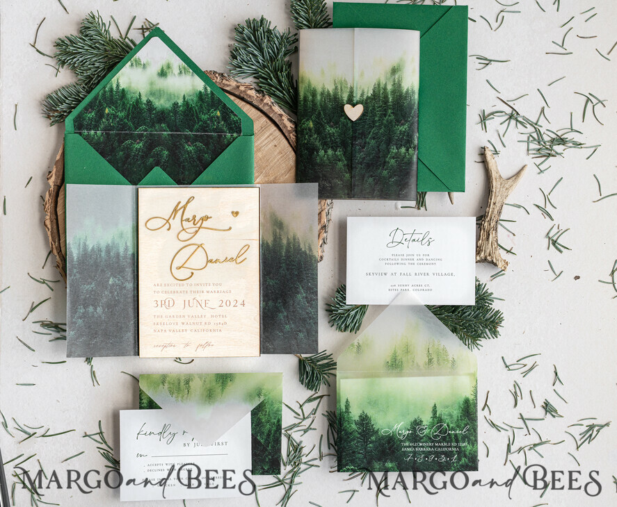 WEDDING INVITATIONS forest / Mountains / woodland theme Forest Wood Wedding Invitation Suite, Modern Rustic Wedding Invites, Natural Wooden Invitations Suite Wedding Cards, Green Wedding Invitations, Misty Forest Frosted wedding Invitation suite, Pine trees Wedding Invite